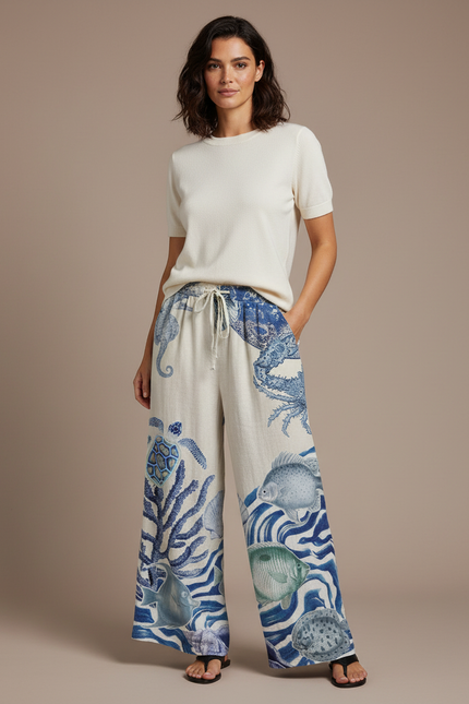 Pantalon Chino Large Imprimé Marin Fluide Femme - Lin