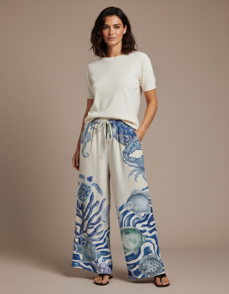 Pantalon Chino Large Imprimé Marin Fluide Femme - Lin