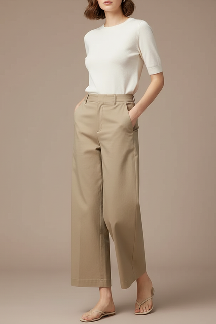 Pantalon Chino Beige Ample Droit Taille Haute Femme - Gabardine