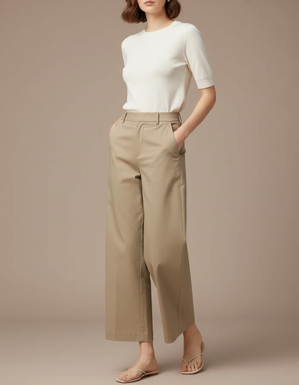 Pantalon Chino Beige Ample Droit Taille Haute Femme - Gabardine