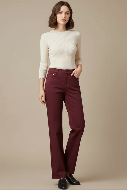 Pantalon Chino Bordeaux Coton Droit Taille Haute Femme