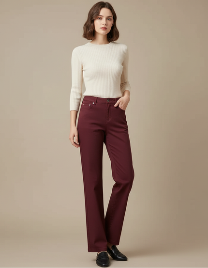 Pantalon Chino Bordeaux Coton Droit Taille Haute Femme