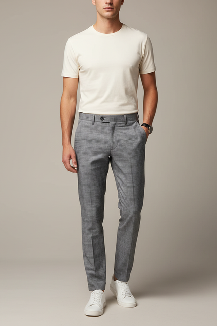 Pantalon Chino Gris Carreaux Slim Élégant Moderne - Gabardine
