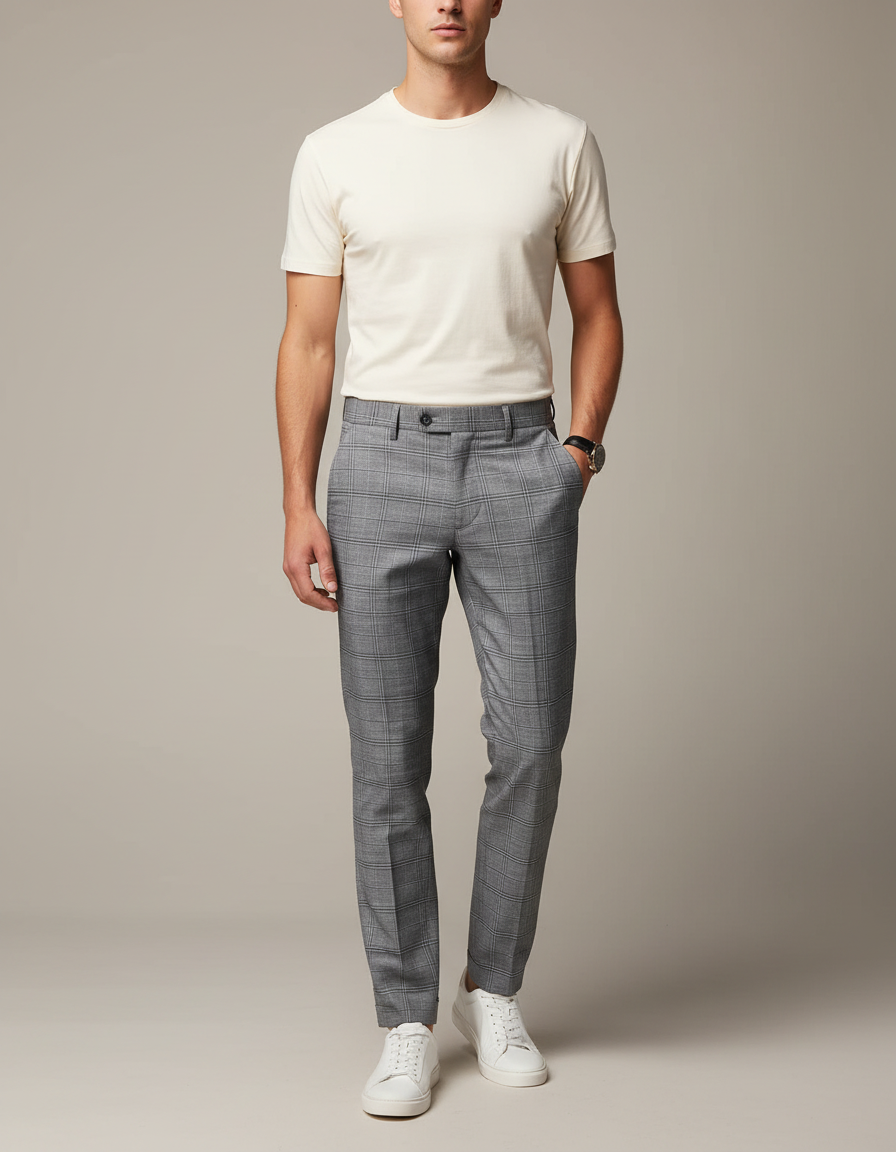 Pantalon Chino Gris Carreaux Slim Élégant Moderne - Gabardine