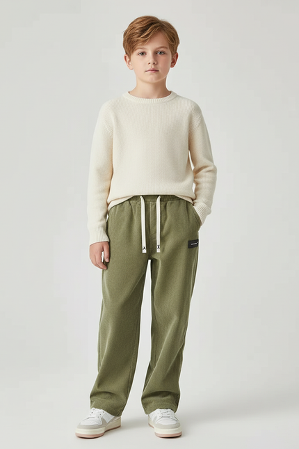 Pantalon Chino Vert Côtelé Ample Décontracté Enfant - Cordé