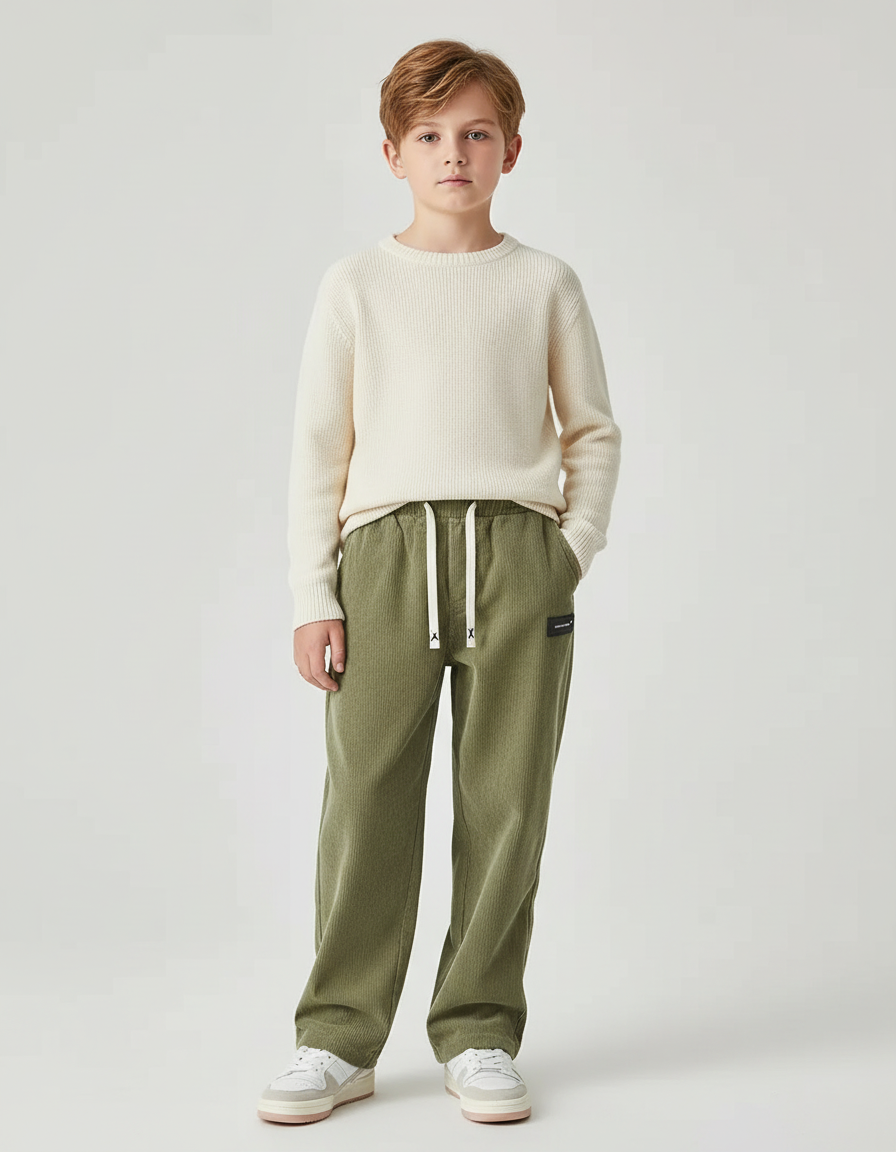 Pantalon Chino Vert Côtelé Ample Décontracté Enfant - Cordé