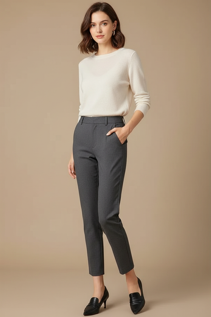 Pantalon Chino Gris Coton Droit Taille Haute Élégant - Gabardine
