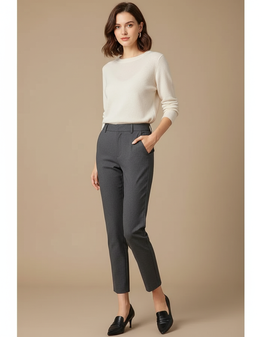 Pantalon Chino Gris Coton Droit Taille Haute Élégant - Gabardine