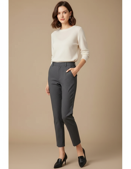 Pantalon Chino Gris Coton Droit Taille Haute Élégant - Gabardine
