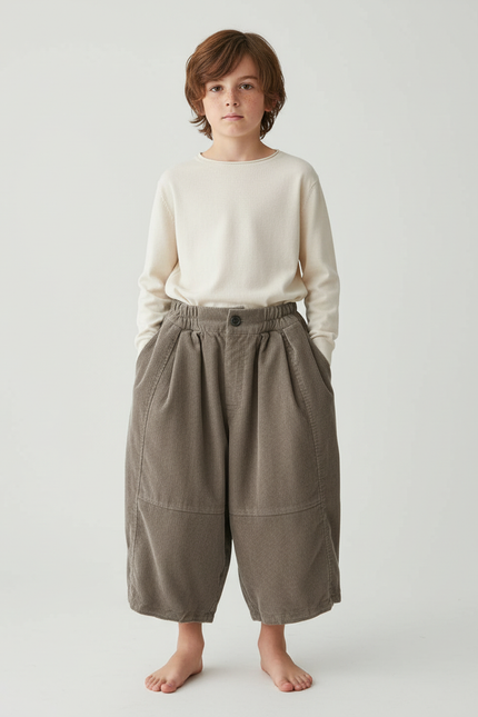 Pantalon Chino Large Côtelé Gris Décontracté Enfant - Kaki Cordé