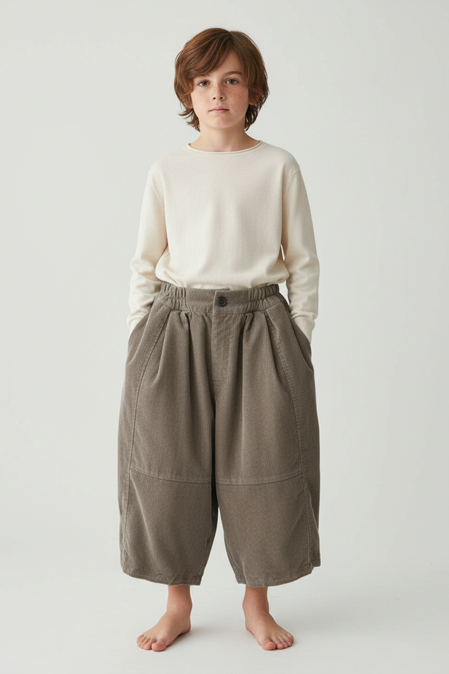 Pantalon Chino Large Côtelé Gris Décontracté Enfant - Kaki Cordé