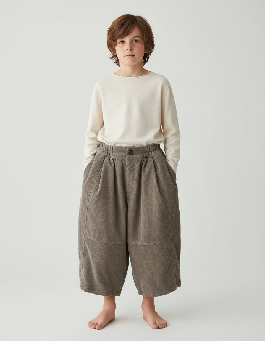 Pantalon Chino Large Côtelé Gris Décontracté Enfant - Kaki Cordé