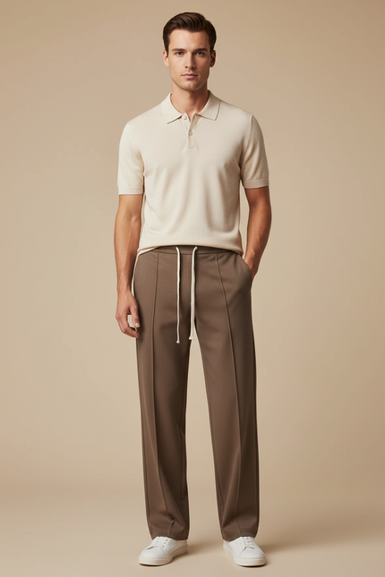Pantalon Chino Marron Droit Sport Décontracté Cordon - Gabardine