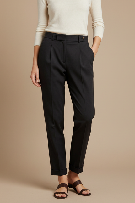 Pantalon Chino Noir Plissé Taille Haute Femme - Gabardine