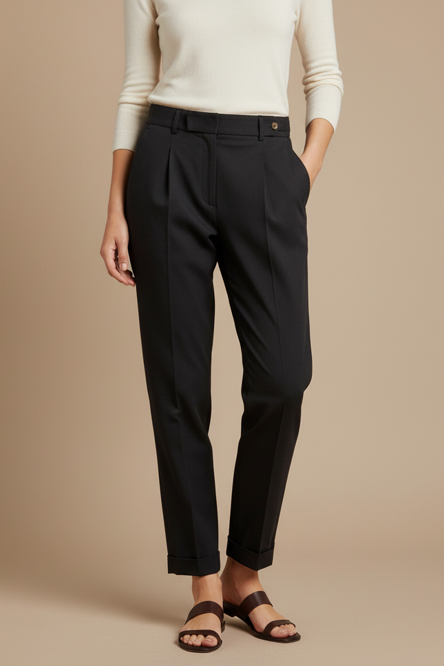 Pantalon Chino Noir Plissé Taille Haute Femme - Gabardine