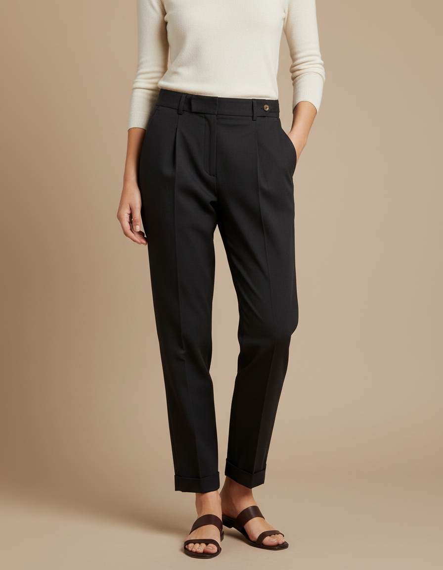Pantalon Chino Noir Plissé Taille Haute Femme - Gabardine