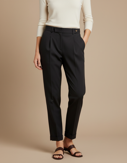 Pantalon Chino Noir Plissé Taille Haute Femme - Gabardine