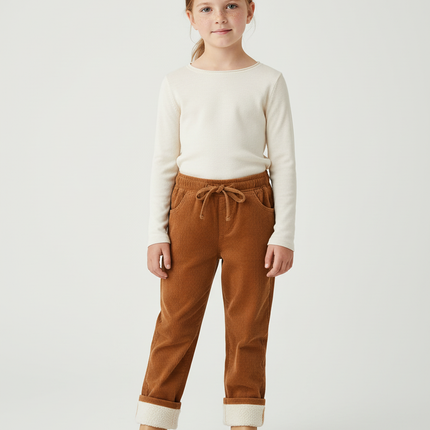 Pantalon Chino Marron Côtelé Doublé Enfant Décontracté - Camel Cordé