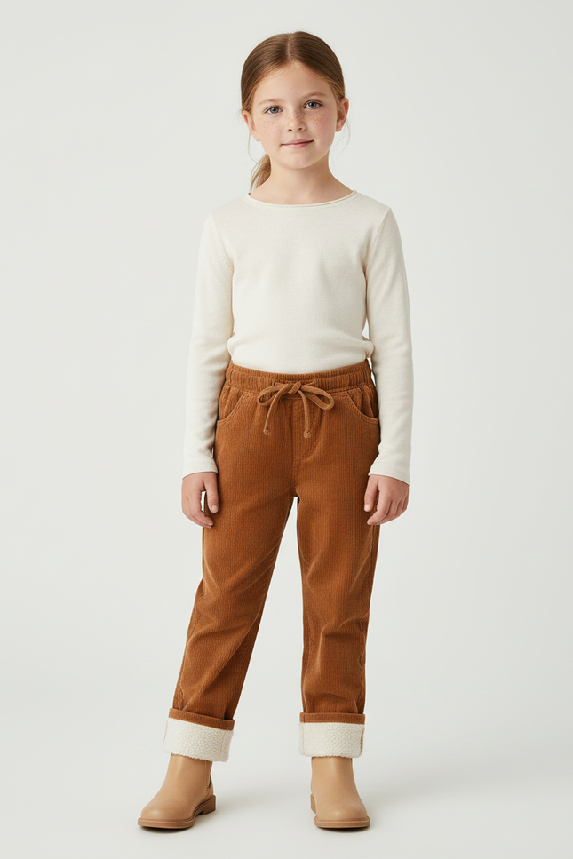 Pantalon Chino Marron Côtelé Doublé Enfant Décontracté - Camel Cordé