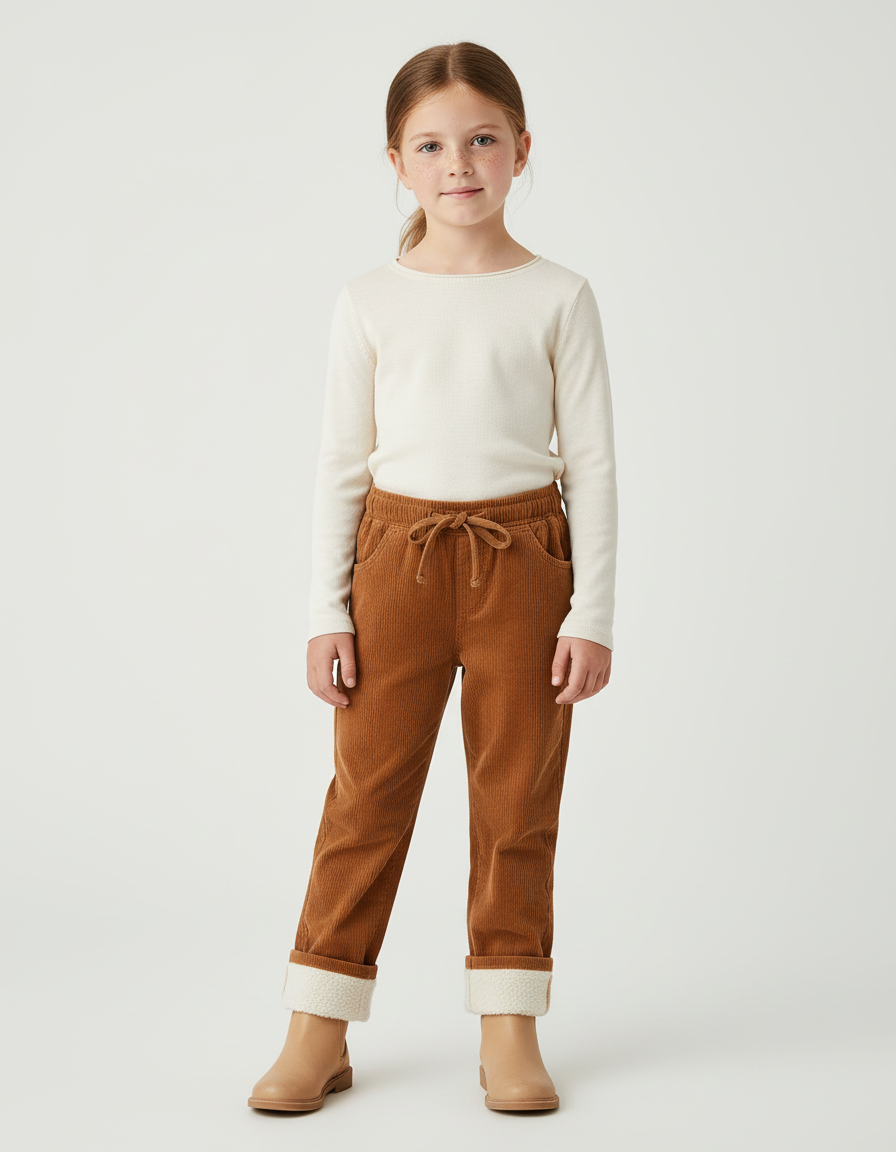 Pantalon Chino Marron Côtelé Doublé Enfant Décontracté - Camel Cordé
