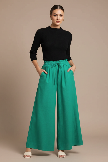 Pantalon Chino Vert Ample Fluide Taille Haute - Lin