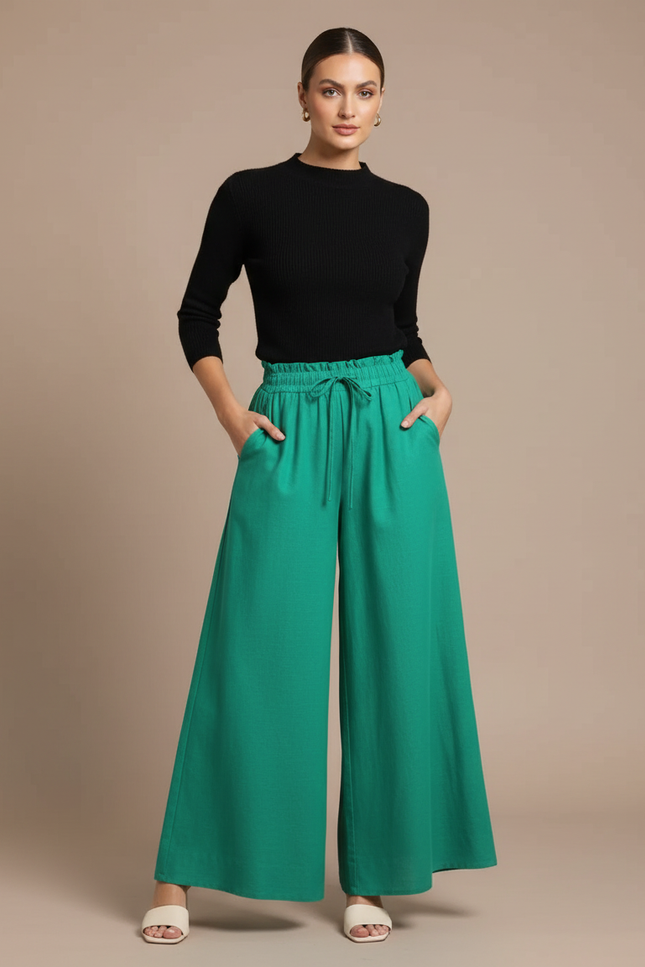 Pantalon Chino Vert Ample Fluide Taille Haute - Lin