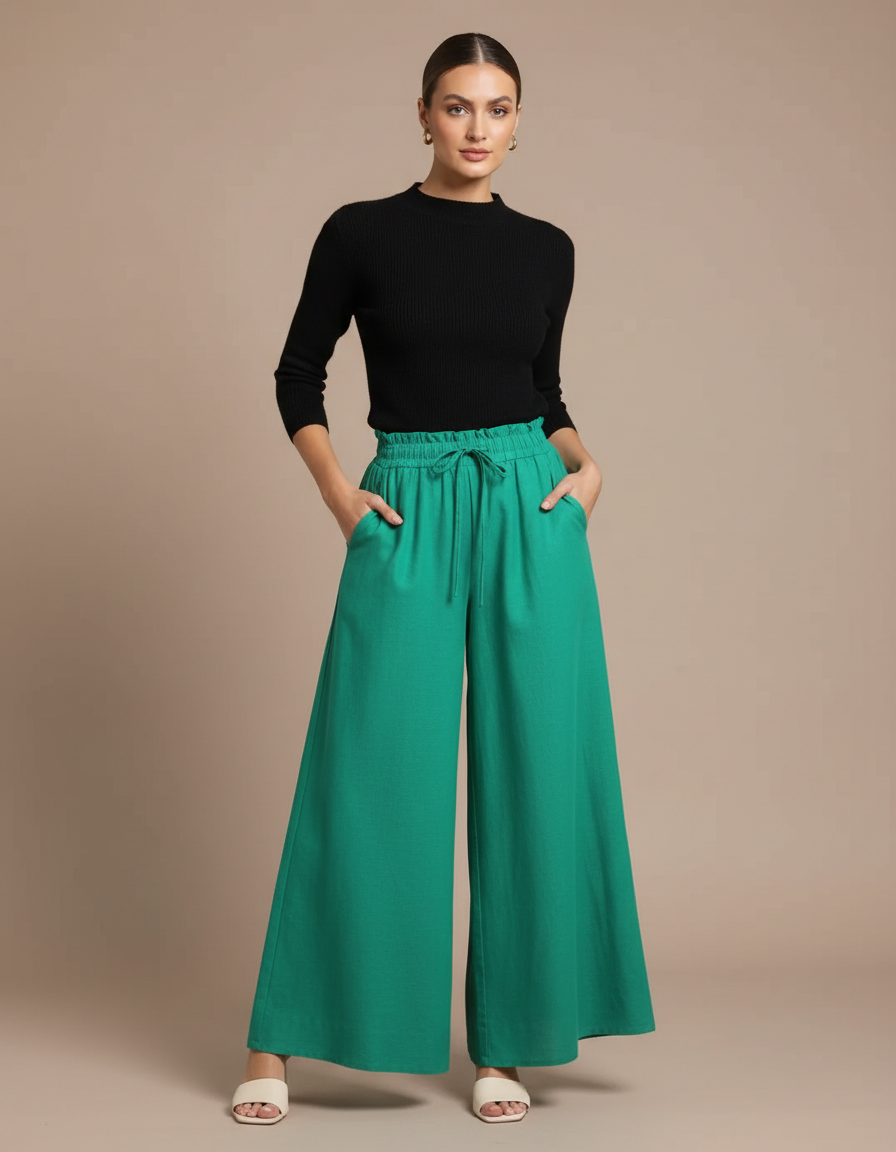 Pantalon Chino Vert Ample Fluide Taille Haute - Lin