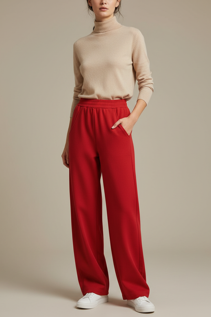 Pantalon Chino Rouge Ample Taille Haute Décontracté Femme - Molleton