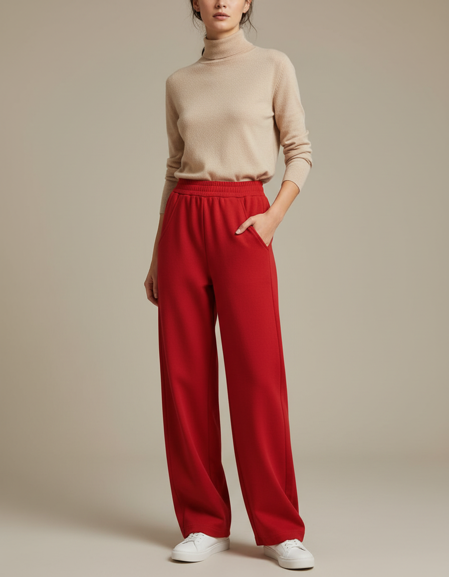 Pantalon Chino Rouge Ample Taille Haute Décontracté Femme - Molleton