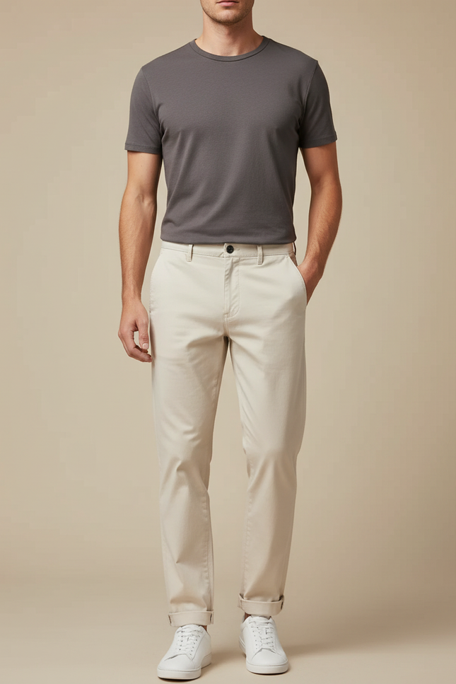 Pantalon Chino Beige Clair Coton Droit Homme Décontracté