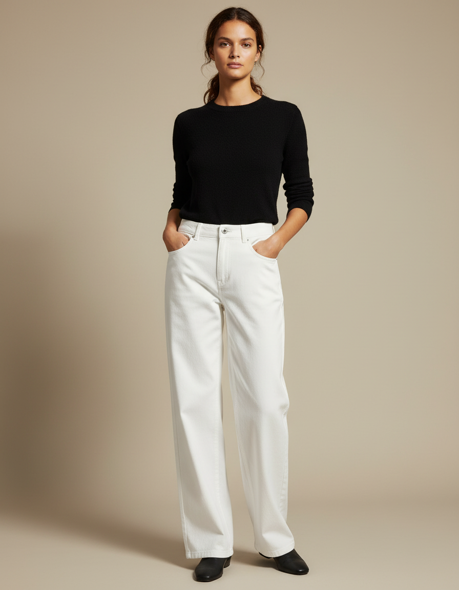 Pantalon Chino Blanc Large Taille Haute Décontracté - Jean