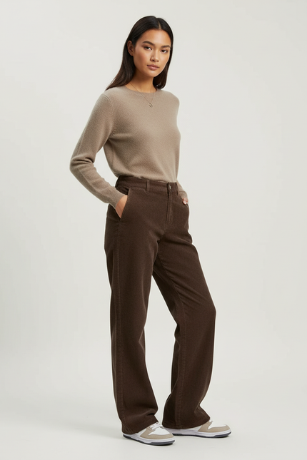 Pantalon Chino Marron Velours Côtelé Ample Femme - Cordé