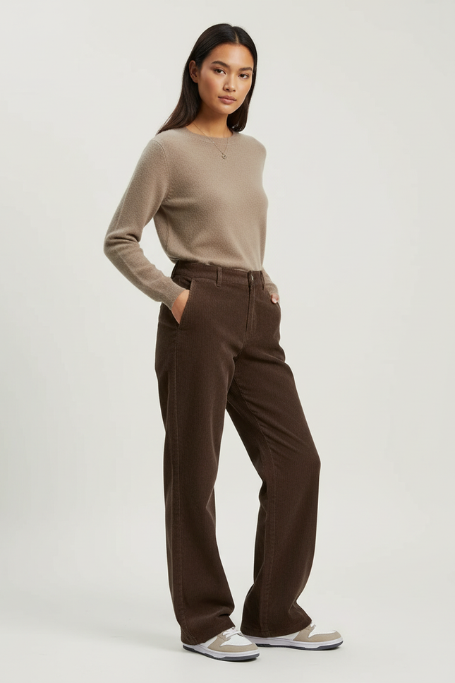 Pantalon Chino Marron Velours Côtelé Ample Femme - Cordé