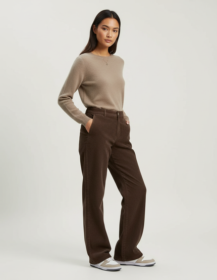 Pantalon Chino Marron Velours Côtelé Ample Femme - Cordé