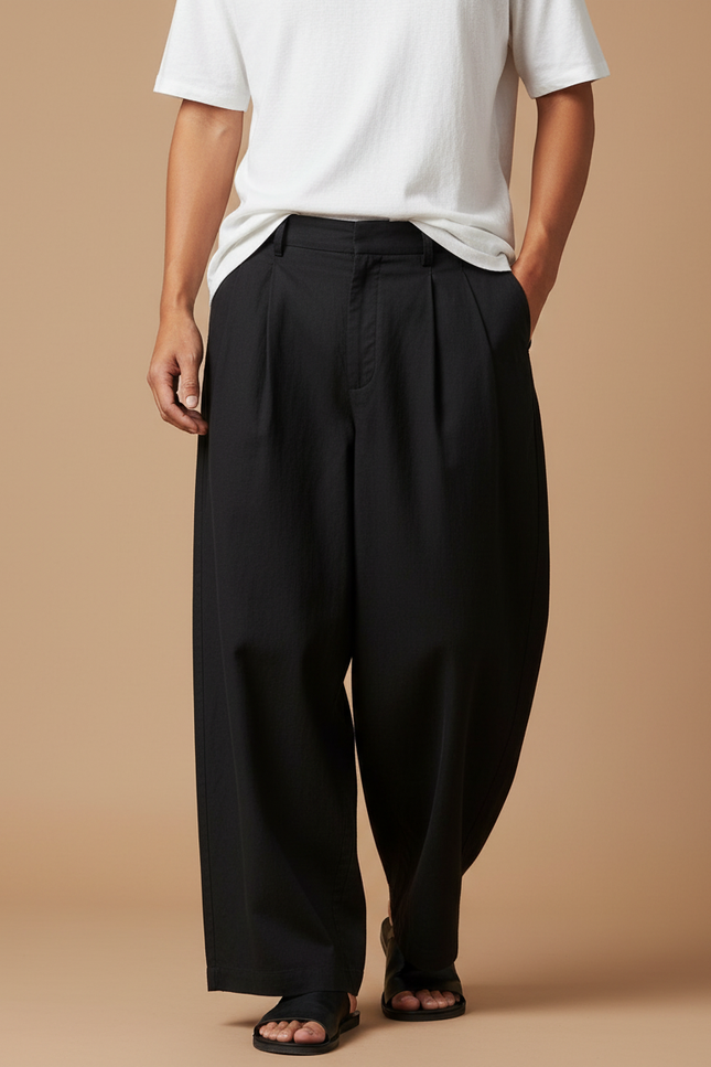 Pantalon Chino Noir Ample Plissé Décontracté Urbain - Coton