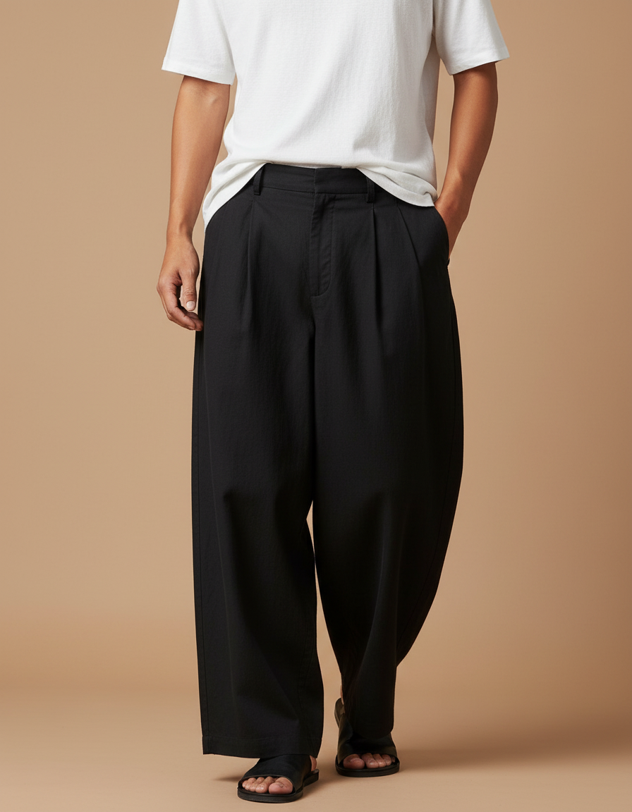 Pantalon Chino Noir Ample Plissé Décontracté Urbain - Coton