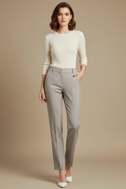 Pantalon Chino Femme Gris Droit - Gabardine