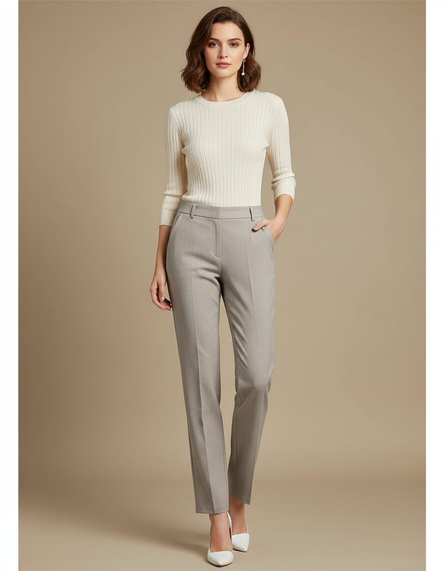 Pantalon Chino Femme Gris Droit - Gabardine