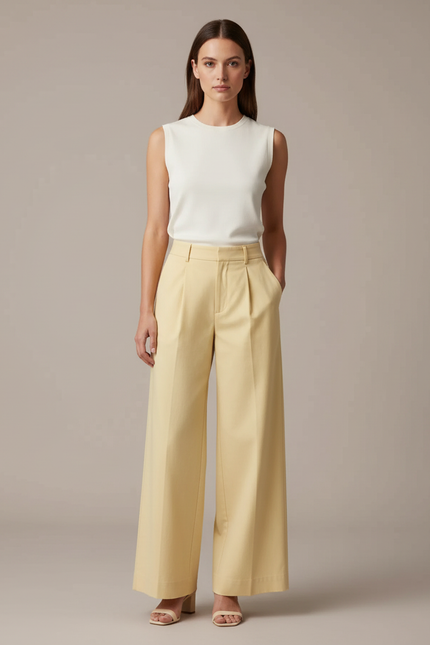 Pantalon Chino Jaune Plissé Large Élégant Femme - Gabardine