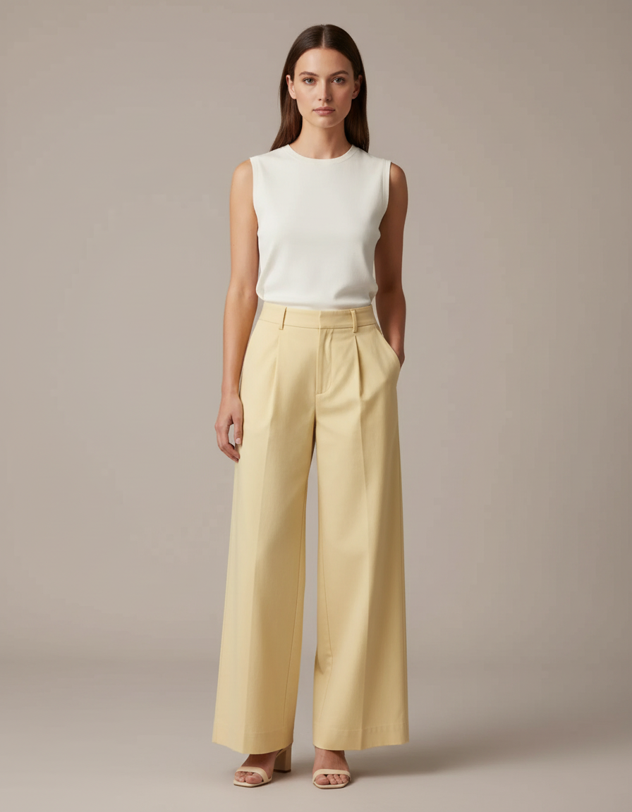 Pantalon Chino Jaune Plissé Large Élégant Femme - Gabardine