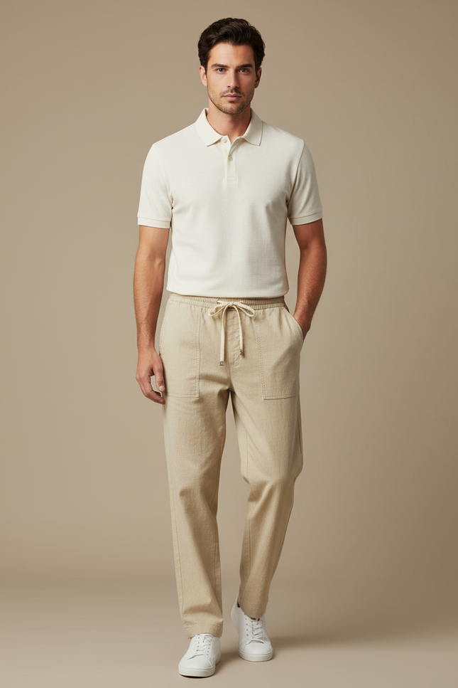 Pantalon Chino Beige Lin Cordon Ample Décontracté