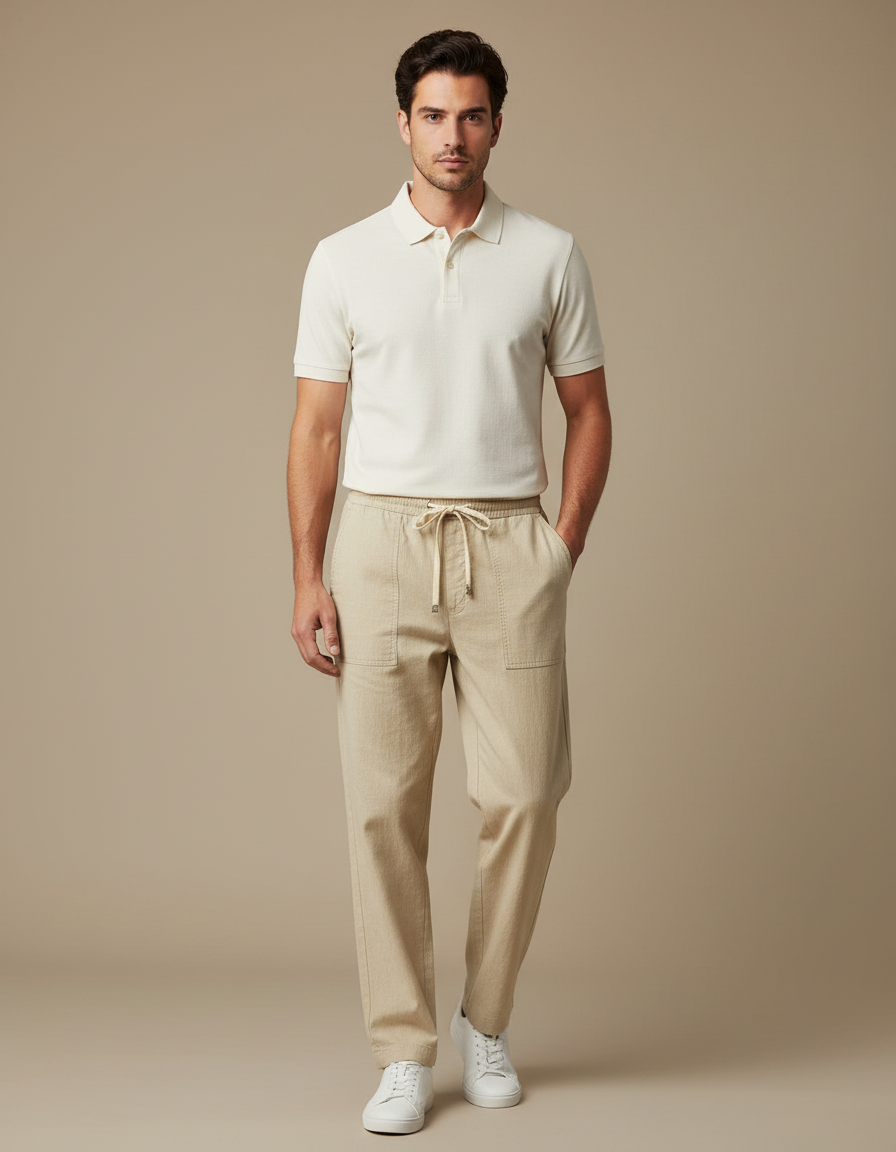 Pantalon Chino Beige Lin Cordon Ample Décontracté