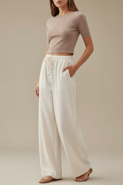 Pantalon Chino Écru Ample Lin Coton Fluide Femme - Blanc