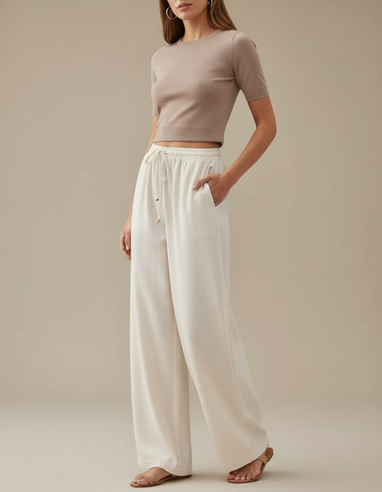 Pantalon Chino Écru Ample Lin Coton Fluide Femme - Blanc