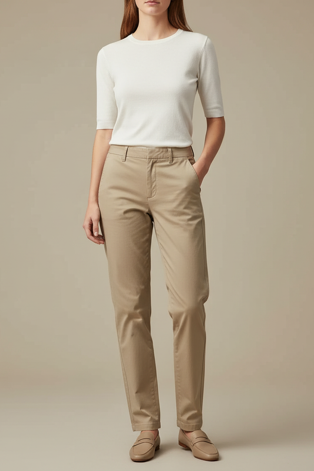 Pantalon Chino Beige Coton Droit Femme Classique