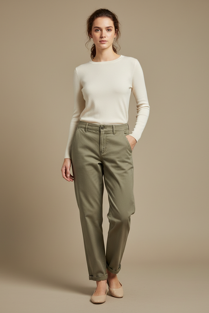 Pantalon Chino Femme Kaki Tapered - Gabardine