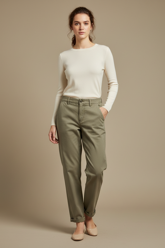 Pantalon Chino Femme Kaki Tapered - Gabardine