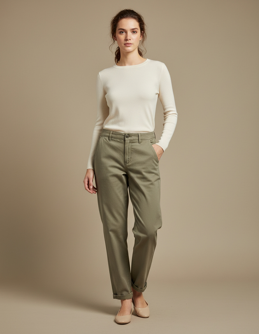 Pantalon Chino Femme Kaki Tapered - Gabardine