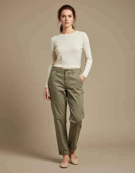 Pantalon Chino Femme Kaki Tapered - Gabardine
