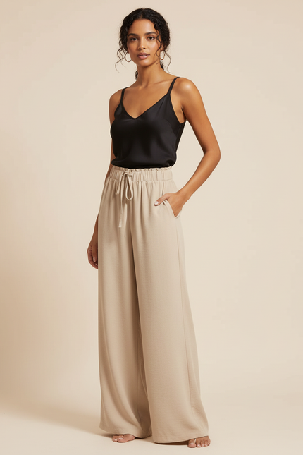 Pantalon Chino Beige Ample Fluide Décontracté Femme - Viscose